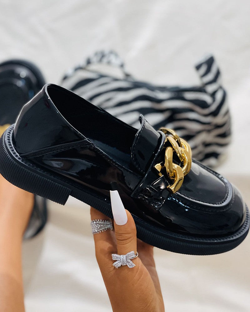 Round Toe Chain Decor Slip On Loafers Newgew