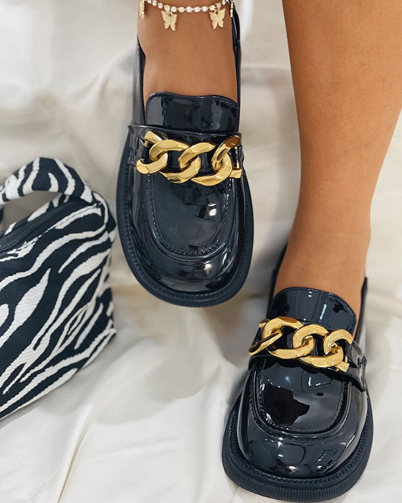 Round Toe Chain Decor Slip On Loafers Newgew