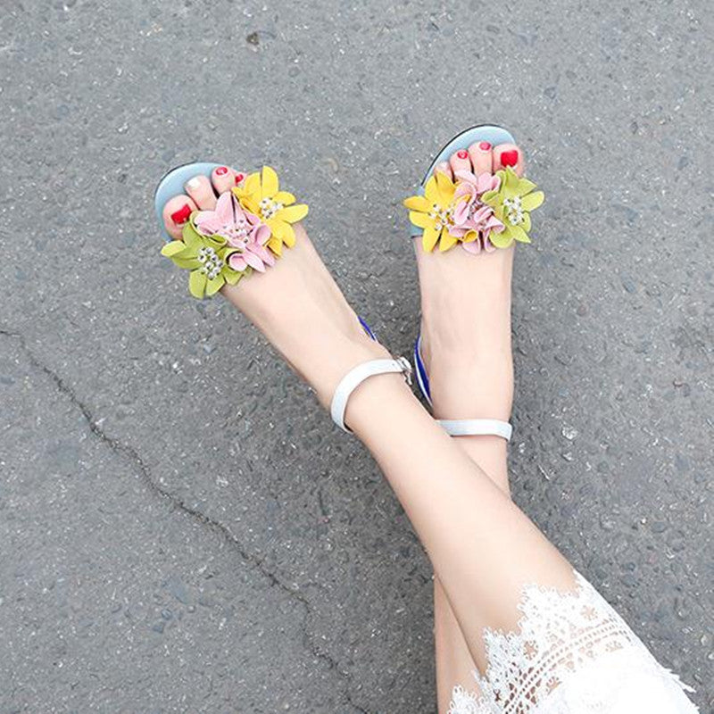 Handmade Ankle Strap Heeled Sandals with Flower Decoration Newgew
