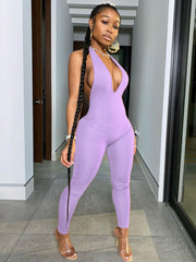 One Piece Solid Color Halter V Neck Backless Jumpsuits Newgew
