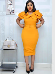 Office Ruffle Peplum Bodycon Dresses with Belt Newgew