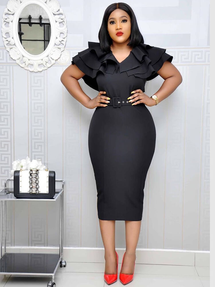 Office Ruffle Peplum Bodycon Dresses with Belt Newgew
