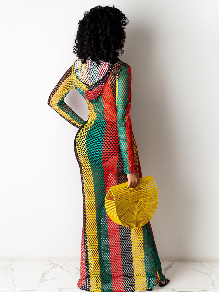One Piece Multicolor Stripe Fishnet Cover Up Maxi Dresses Newgew