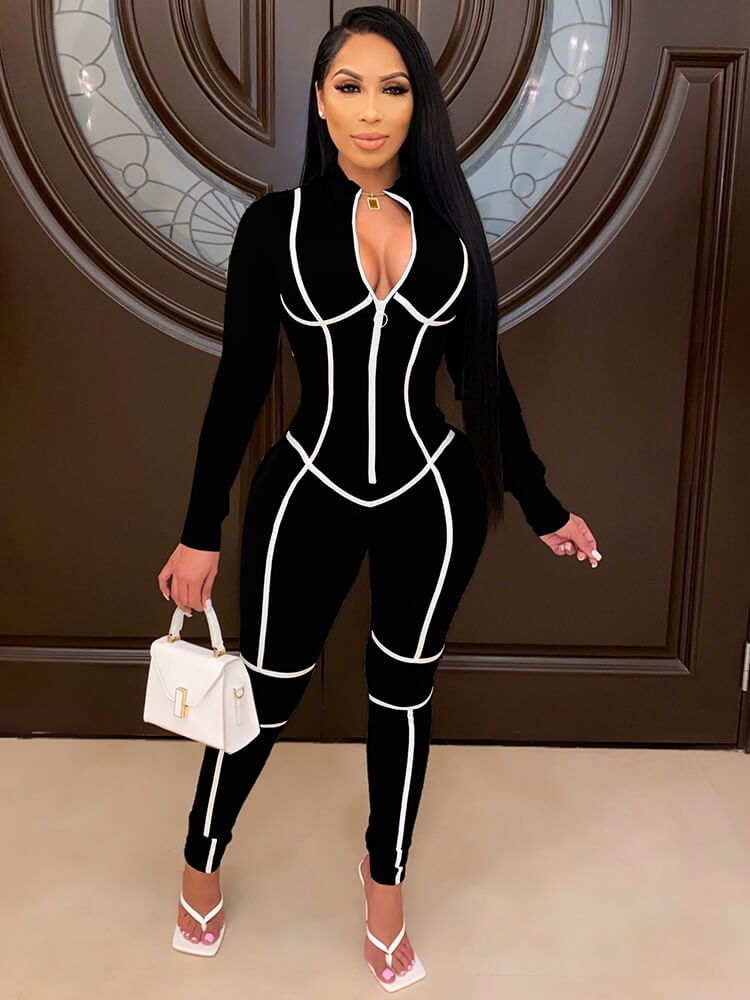 One Piece Long Sleeve Zipper Bodycon Jumpsuits Newgew
