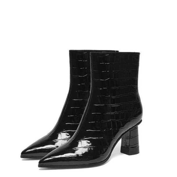 Millie's Pointed Toe Chunky Heel Patent Leather Short Boots Newgew