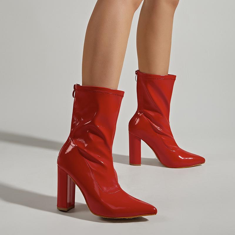 Pointed Toe Thick Heel Red Boots Newgew