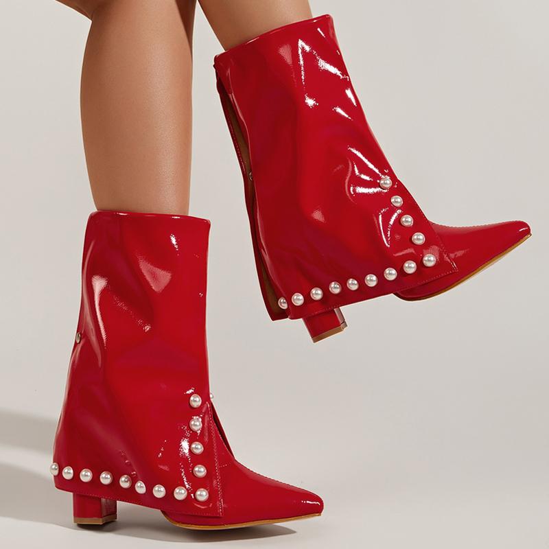 Pointed Toe Thick Heel Red Pearl Boots Newgew