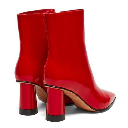 Millie's Pointed Toe Chunky Heel Patent Leather Short Boots Newgew
