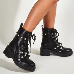 British Style Thick Heel Pearl Boots Newgew