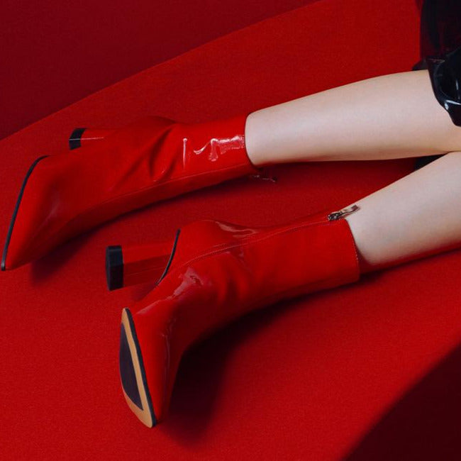 Millie's Pointed Toe Chunky Heel Patent Leather Short Boots Newgew