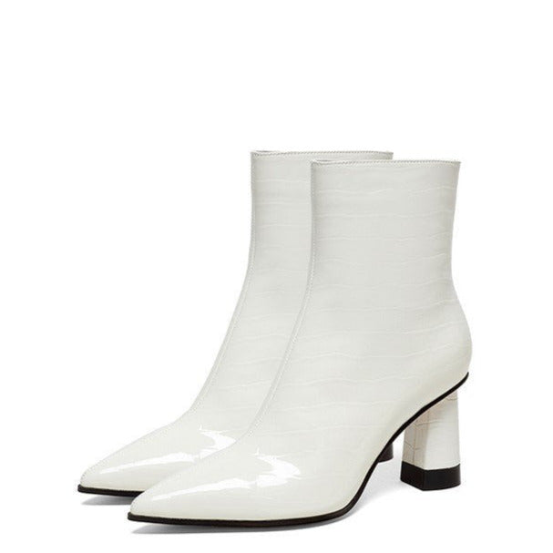 Millie's Pointed Toe Chunky Heel Patent Leather Short Boots Newgew