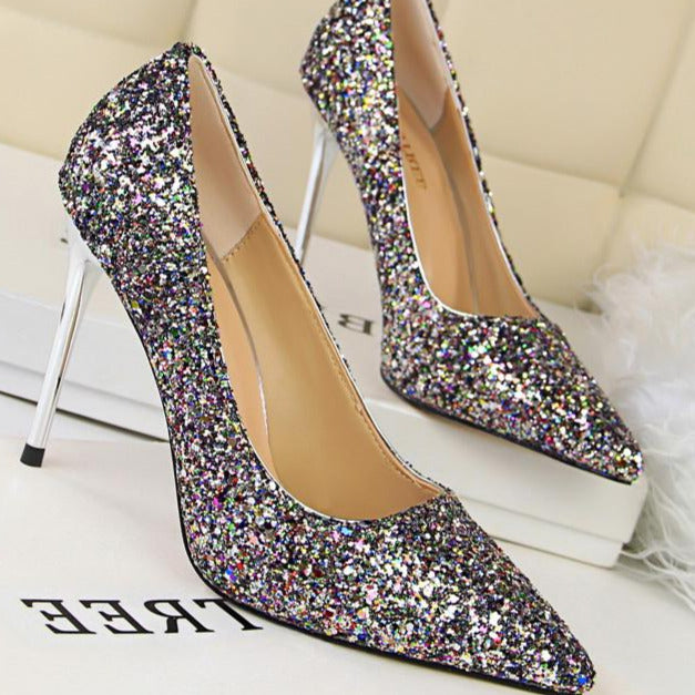 Sequin Decor Point Toe Stiletto Heeled Court Pumps Newgew