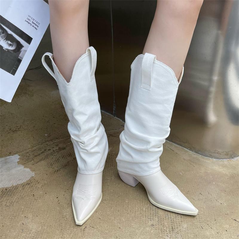 Western Denim Spliced High Boots Newgew
