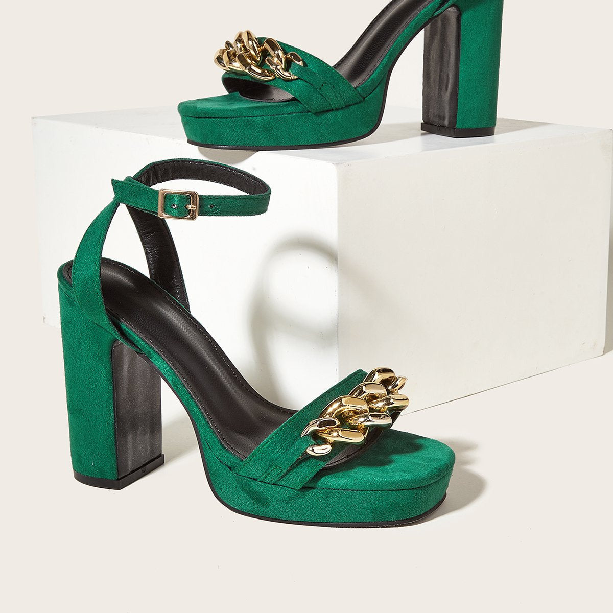 Square Head Thick Heel Open Toe Metal Buckle High Heels Newgew