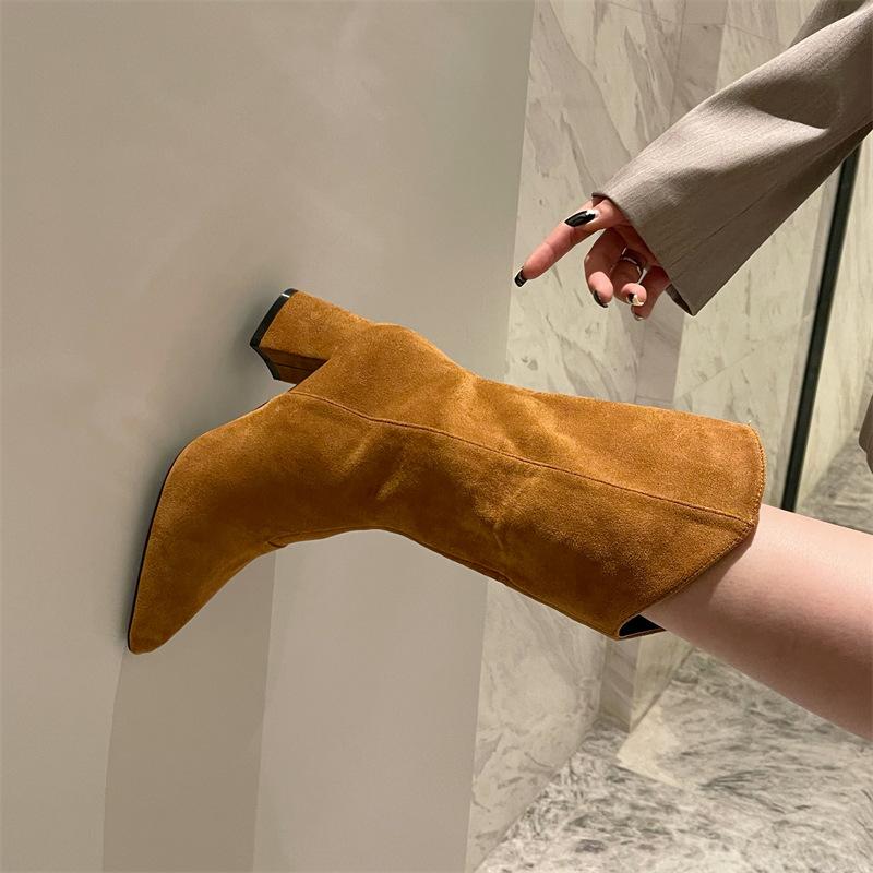 Chunky Heeled Pointed Toe Mid-calf Boots Newgew
