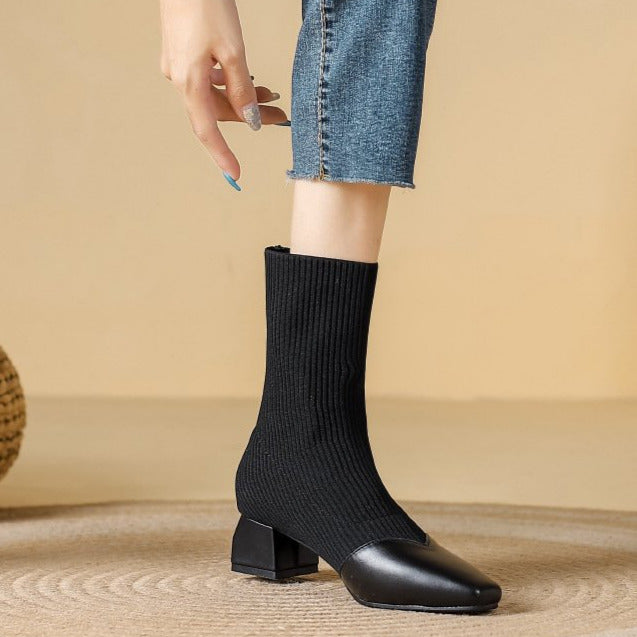 Chunky Heels Knit Stretch Sock Boots Newgew