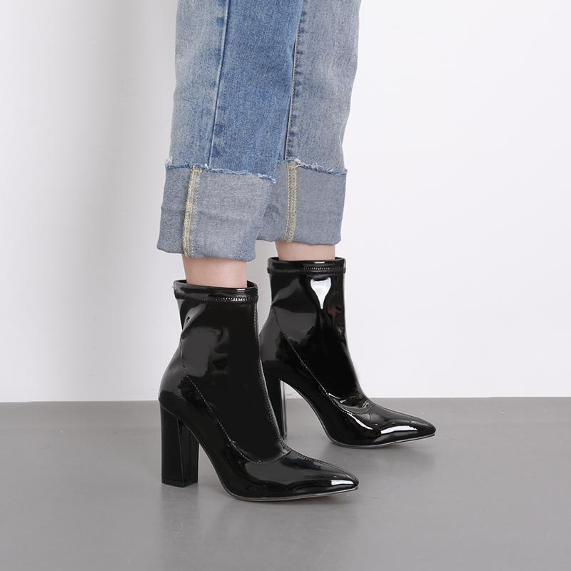Chunky Heeled Sleeve Patent Leather Short Boots Newgew