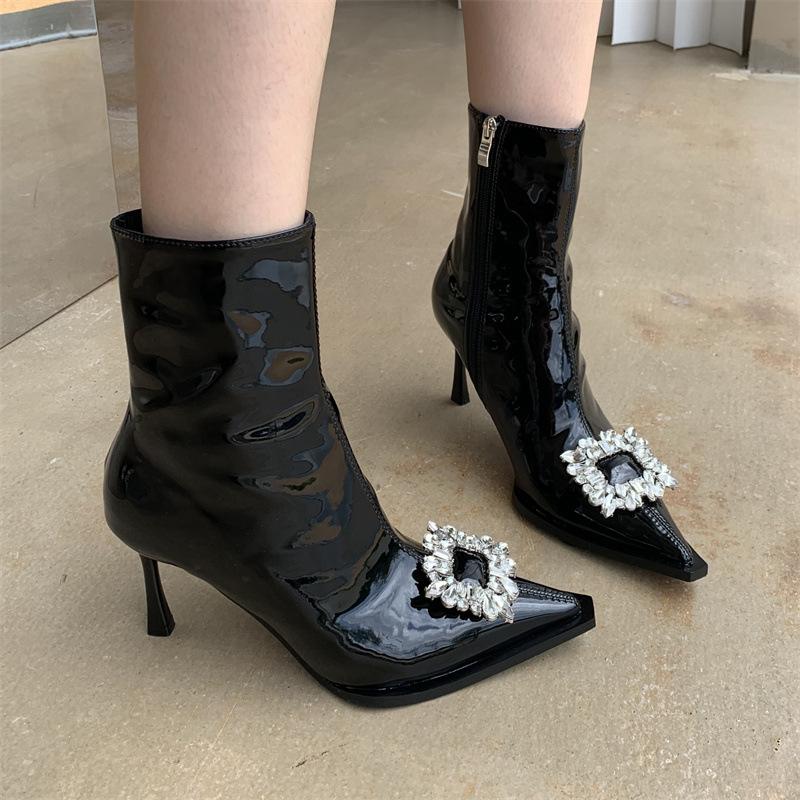 Rhinestone Zipper Heeled Boots Newgew