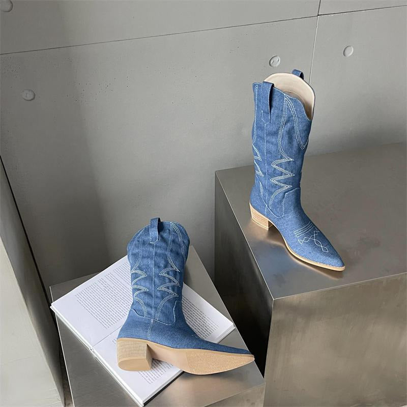 Retro Pointed Toe Chunky Embroidered Western Cowboy Boots Newgew