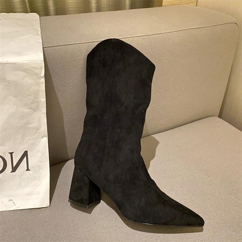Chunky Heeled Pointed Toe Mid-calf Boots Newgew