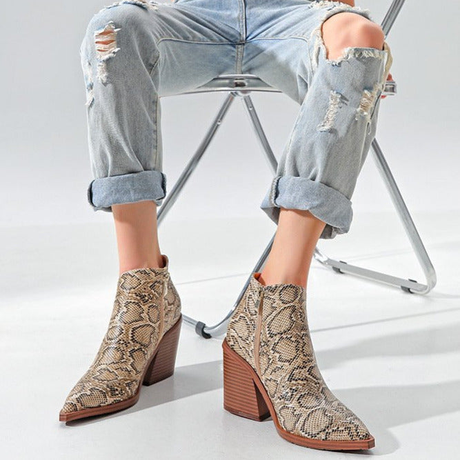 Thick Heeled Pointed Toe Snake Print Leather Boots Newgew