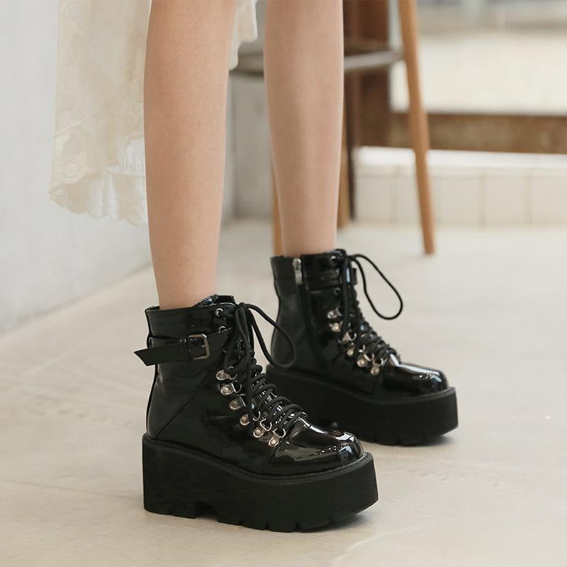 Patent Leather Lace-up Thick-soled Boots Newgew