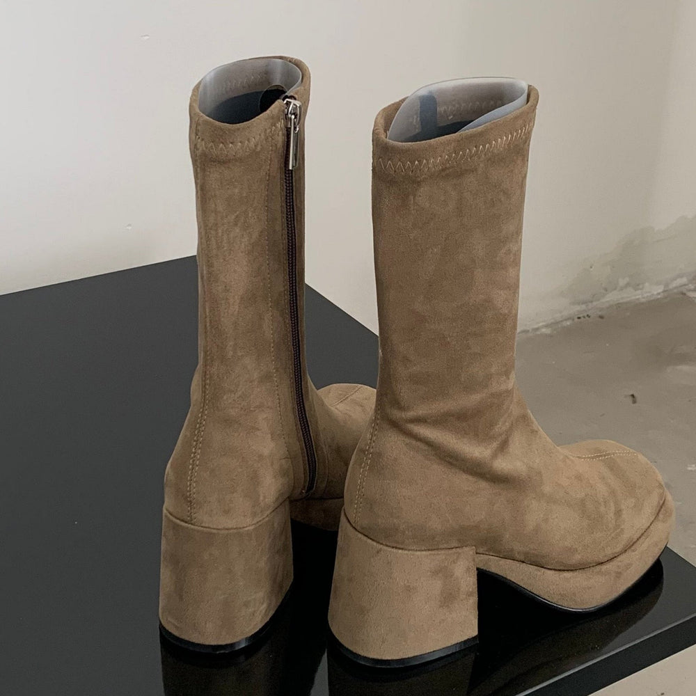 Faux Suede Pointed Toe Mid Calf Chunky Booties Newgew