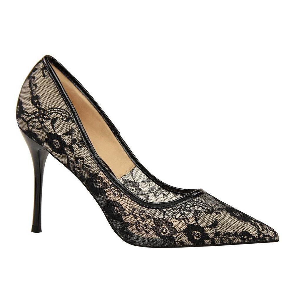 Lace Panel Point Toe Stiletto Heeled Court Pumps Newgew