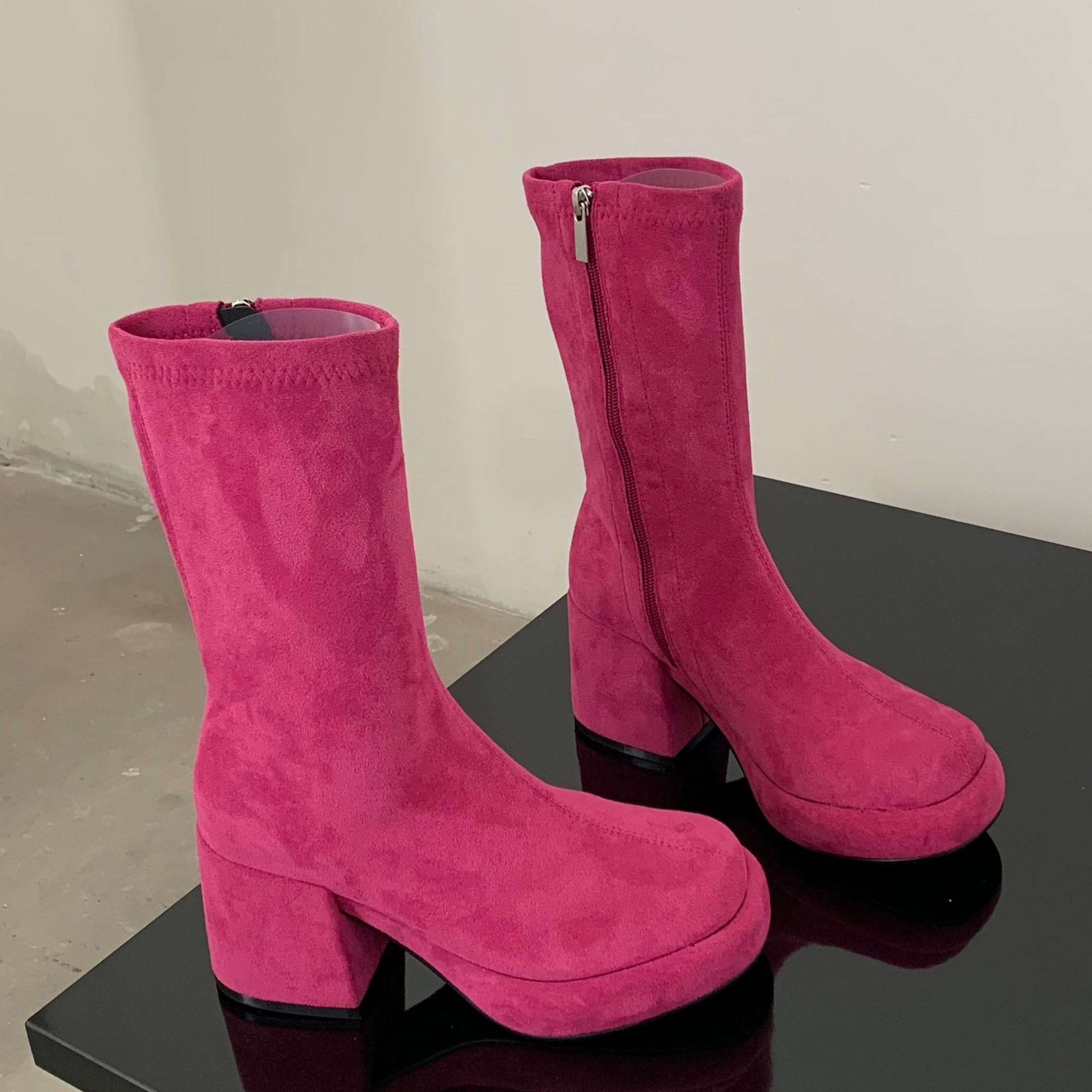 Faux Suede Pointed Toe Mid Calf Chunky Booties Newgew