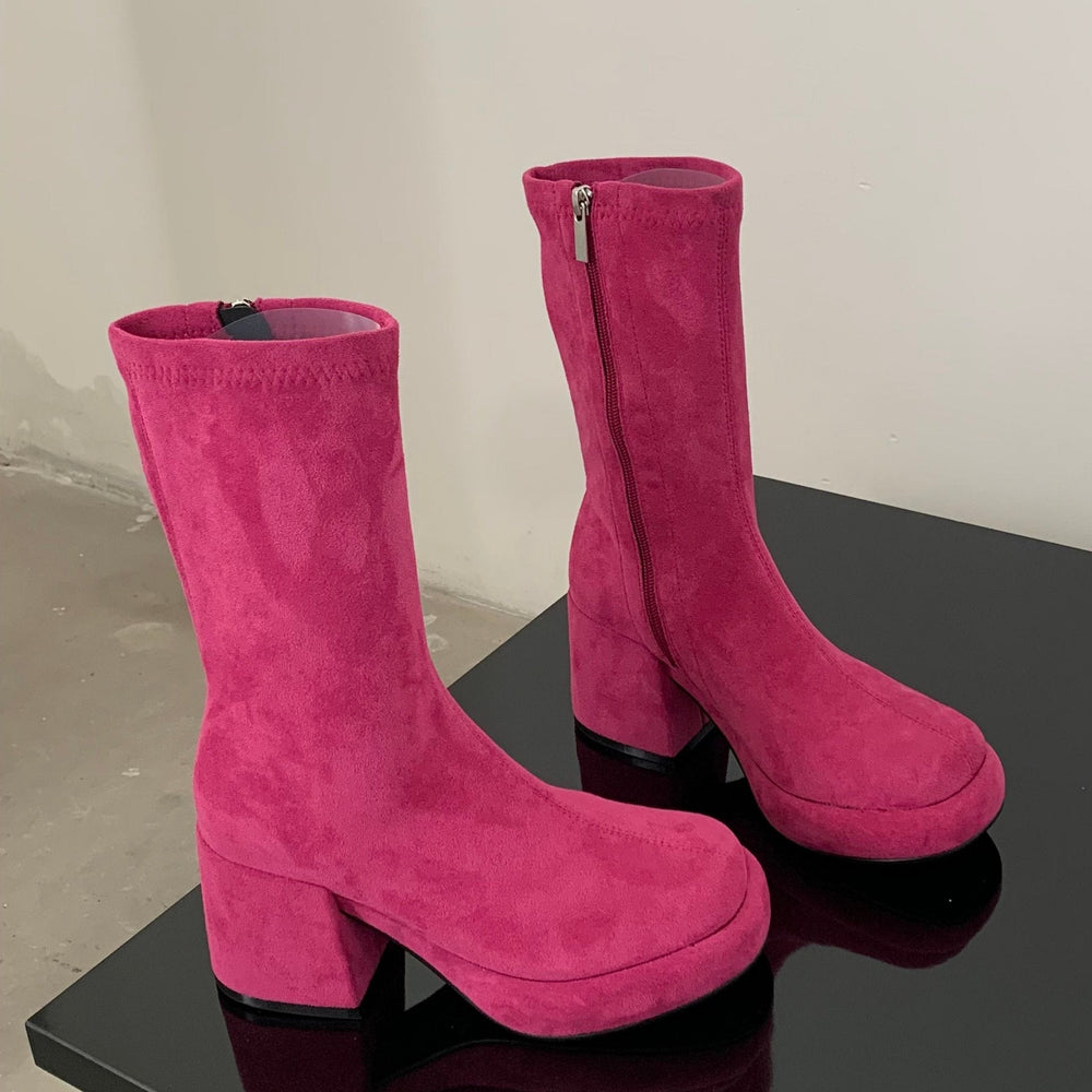 Faux Suede Pointed Toe Mid Calf Chunky Booties Newgew