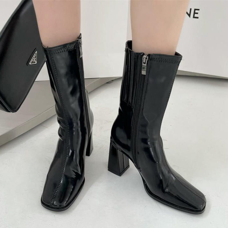 Square Toe High Heeled Short Boots Newgew