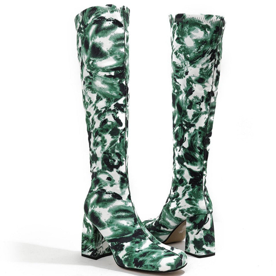 Square Toe Printed Fabric Chunky Heeled  Boots Newgew