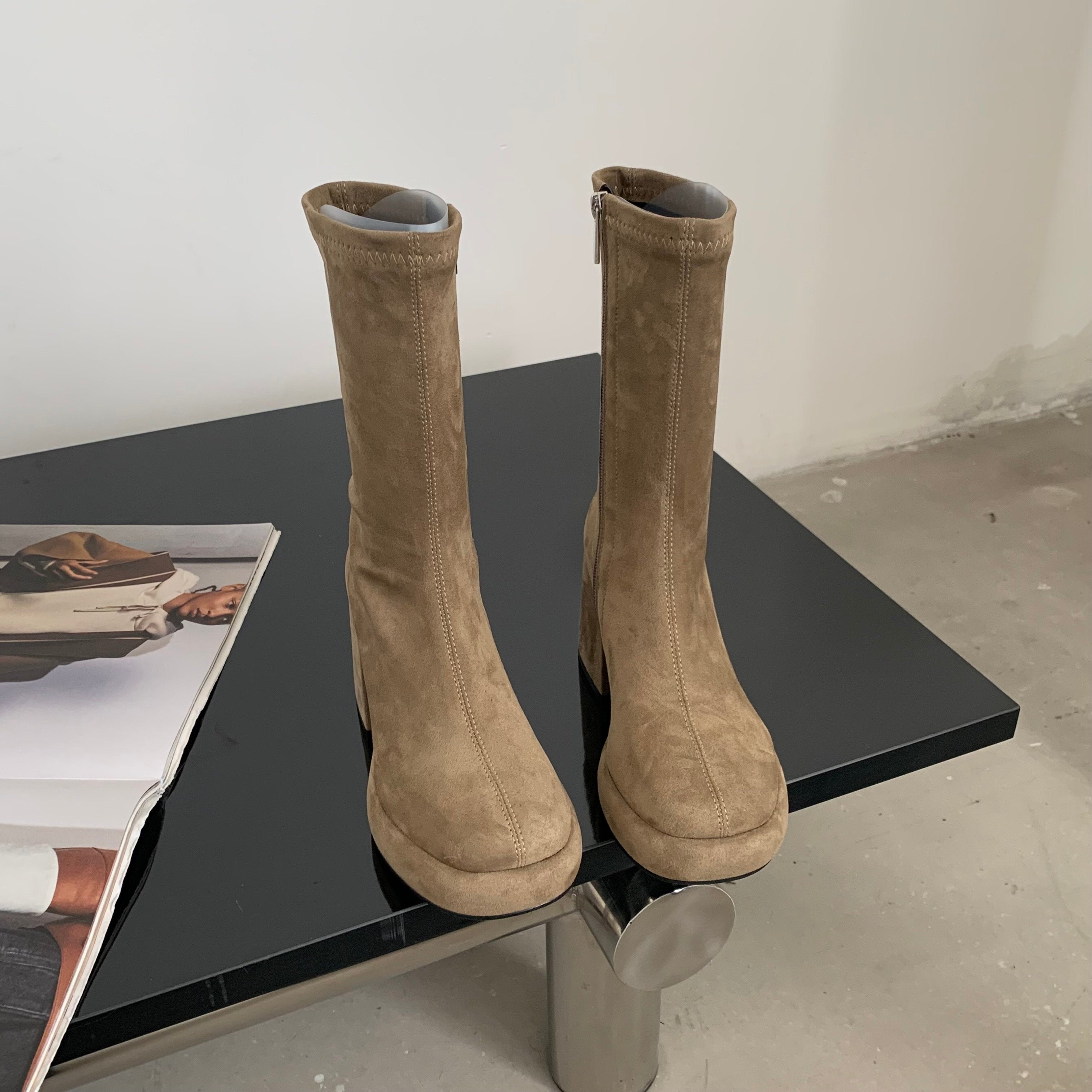 Faux Suede Pointed Toe Mid Calf Chunky Booties Newgew