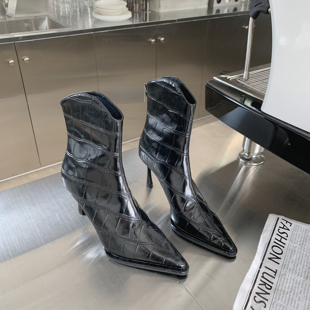 Stone Pattern Pointed Toe Back Zipper Fine High Heeled Boots Newgew