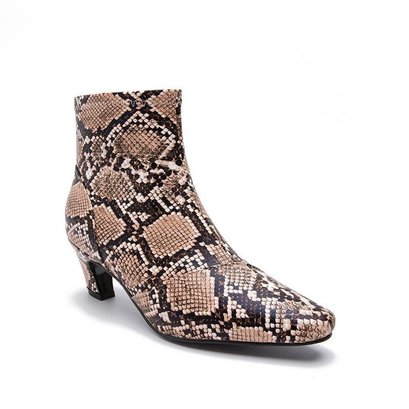 Pointed Toe Chunky Heel Snake Print Low Boots Newgew
