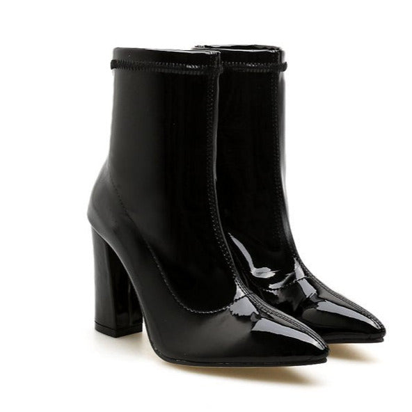 Chunky Heeled Sleeve Patent Leather Short Boots Newgew