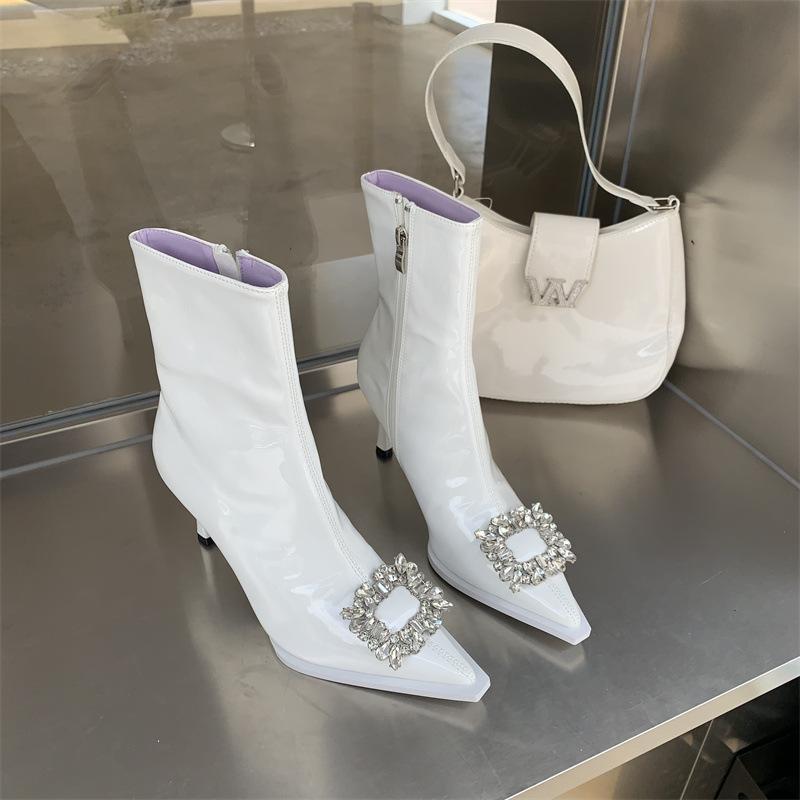 Rhinestone Zipper Heeled Boots Newgew