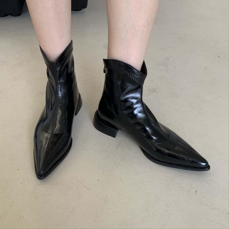 Pointed Toe Flat Patent Leather Boots Newgew