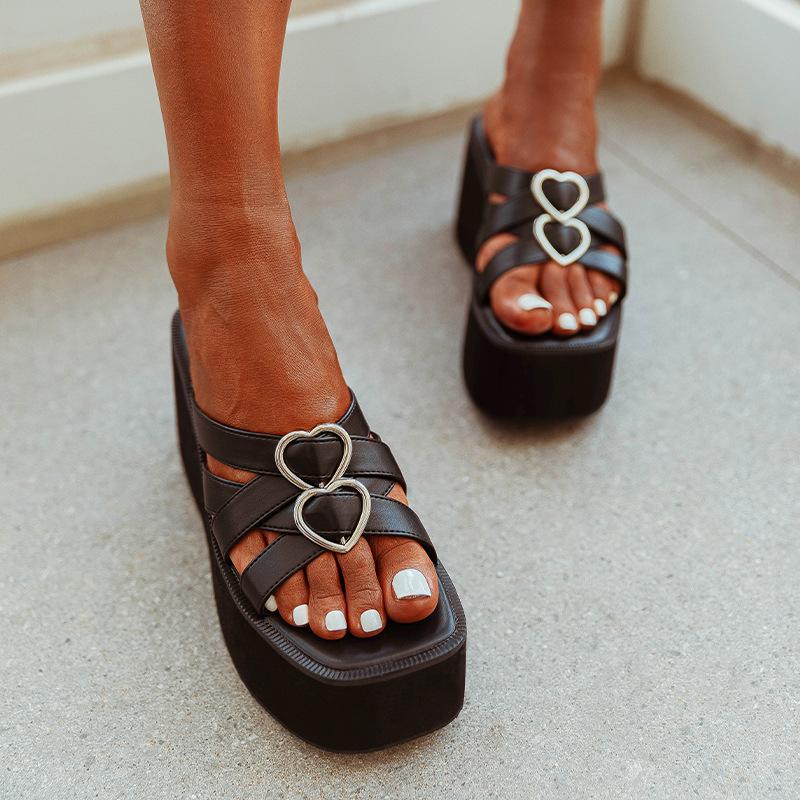 Slope Heel Thick Soled Love Decorative Buckle Sandals Newgew