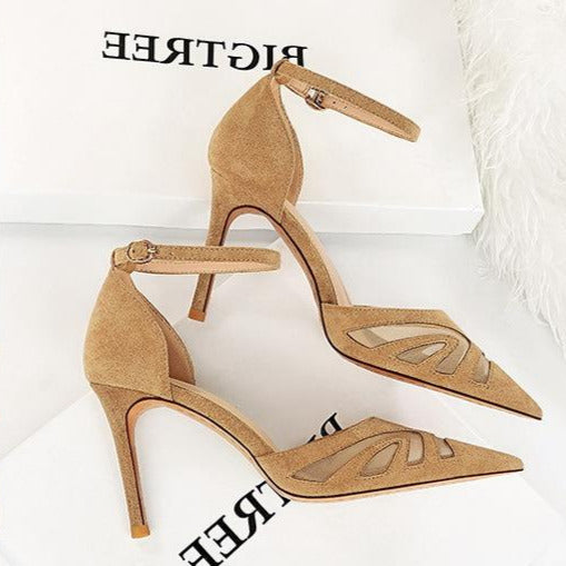 Mesh Panel Point Toe  Heeled Ankle Strap Pumps Newgew