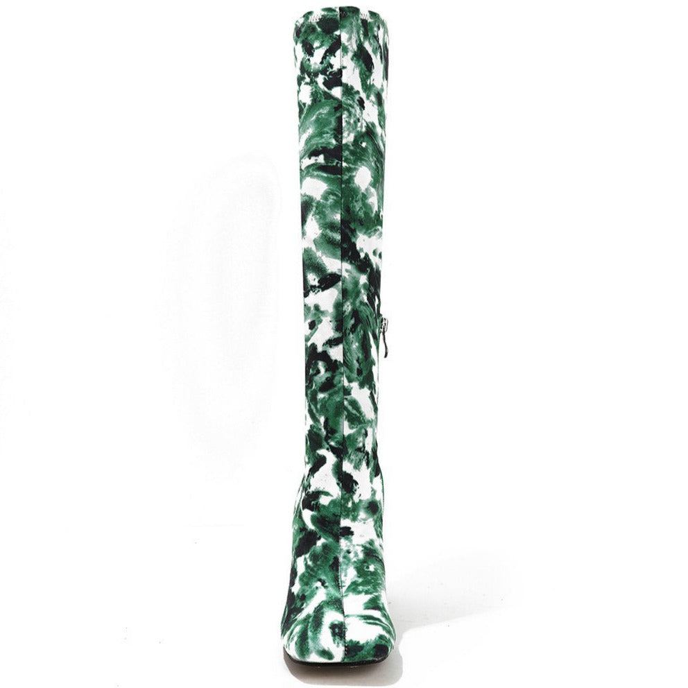 Square Toe Printed Fabric Chunky Heeled  Boots Newgew