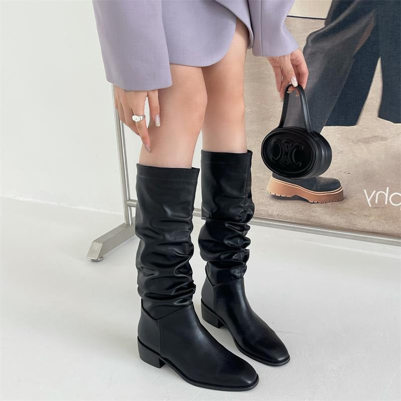Square Toe Pleated Chunky Heeled Boots Newgew
