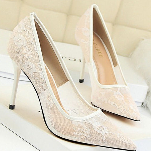 Lace Panel Point Toe Stiletto Heeled Court Pumps Newgew