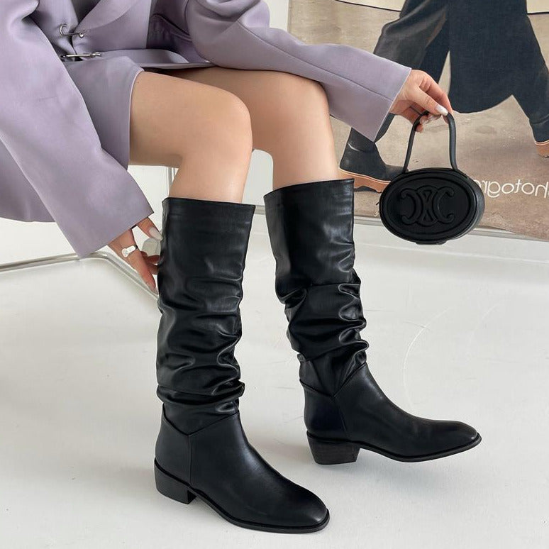 Square Toe Pleated Chunky Heeled Boots Newgew