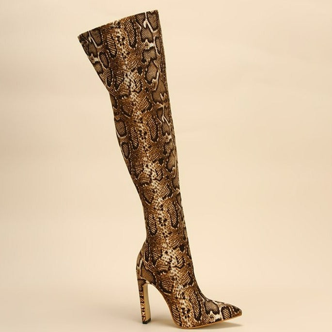 Leopard Pattern Point Toe Heeled Suede Boots Newgew