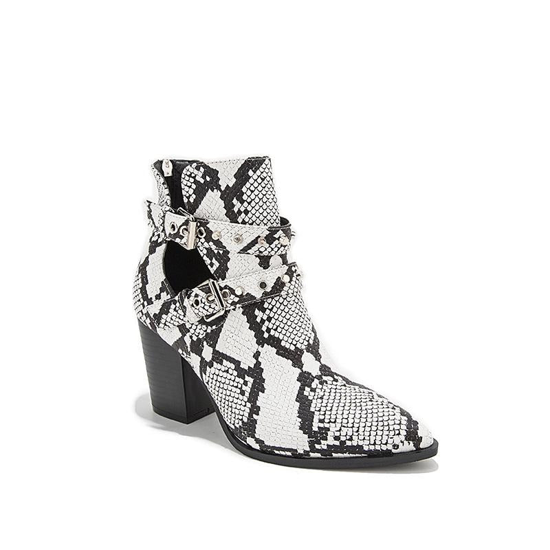 Snake Print Belt Buckle Pointed Toe Short Boots Newgew
