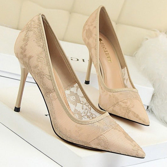 Lace Panel Point Toe Stiletto Heeled Court Pumps Newgew