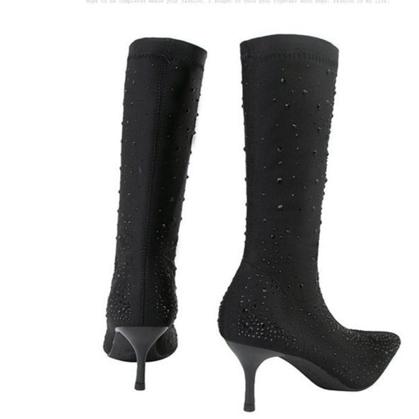 Diamond Elements Pointed Toe Fine High Heel Short Boots Newgew