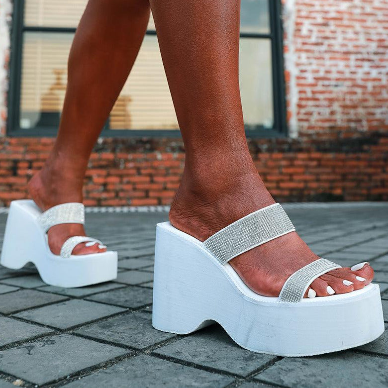 Rhinestones Wedge Thick Heeled Square Toe Sandals Newgew