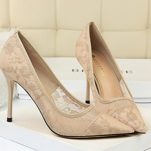 Lace Panel Point Toe Stiletto Heeled Court Pumps Newgew